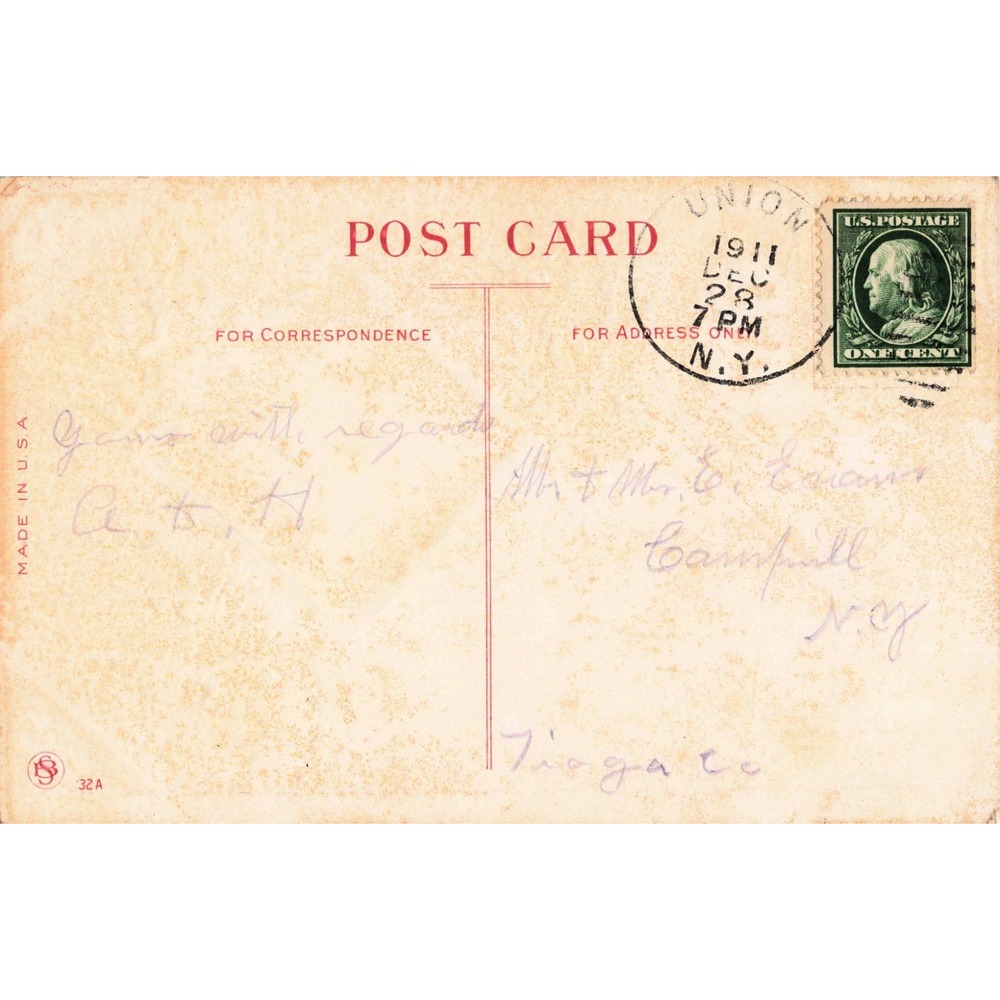 Antique 1911 New Year Postcard Winter Cabin Holly Union NY Postmark 1c Stamp - Picture 2 of 2